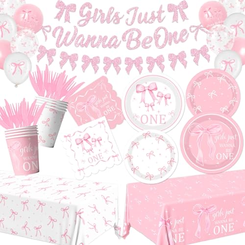 Image of 190Pcs Pink Bow 1st Birthday Decorations, Baby Girl First Birthday Party Supplies Includes Girls Just Wanna Be One Plates Napkins Cups Tablecloth Banner Balloons for Girls Bow Party Decor