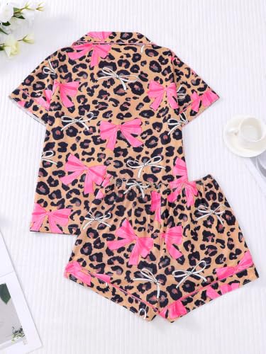 Image of SHENHE Women's 2 Piece Pajama Set Bow Graphic Button Down Short Sleeve Lapel Shirt Pj Short Set