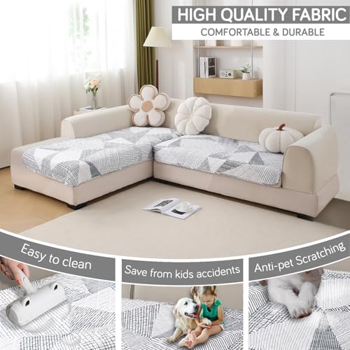 Image of HOKIPO 'Elira Series' Printed Water Repellent + Waterproof Quick Dry L Shape (2+2 Seater) Sofa Seat Cover Mat, Snow White Black Geometry (AR-5245-C9 + AR-5246-C9)
