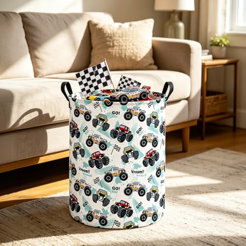 Image of Monster Truck Fabric Storage Bin Nursery Organizer Basket | Organizer Bin Dirty Clothes Collapsible Waterproof for College Dorms, Boys and Girls Bedroom,Bathroom