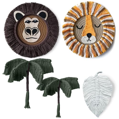Image of cosyLabels Macrame Nursery Decor: Safari Boho Baby Room Decor. Premium Jungle Wall Hanging with Hooks, Cotton Base. Lion, Monkey, 2x Palm Trees, Leaf