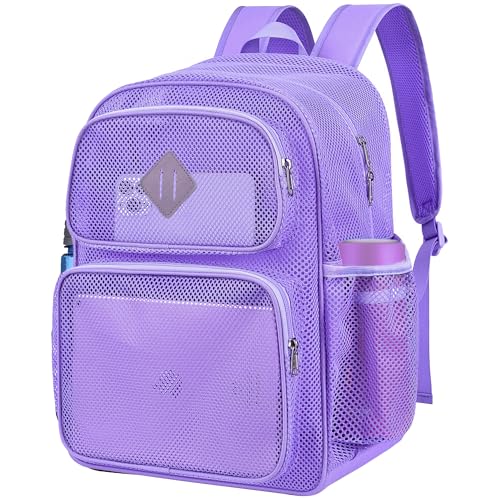 Mesh Backpack for School, Heavy Duty See Through Net Bookbag for Girls Boys Kids, 27L Large Capacity Mesh Bookbag for Beach Work Sports Travel with Padded Strap(Purple)