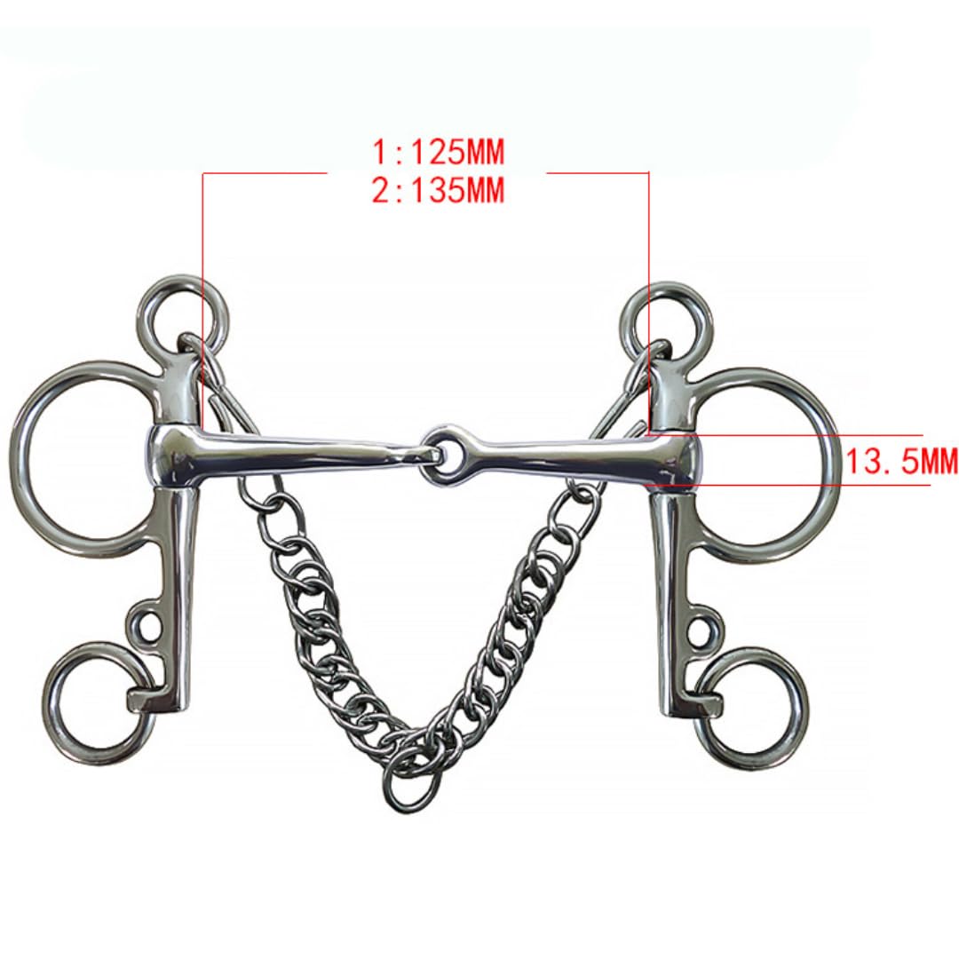 MADALO Morso Pelham in acciaio inox per cavallo, bocca snodata solida, con ganci e catena barbazzale.