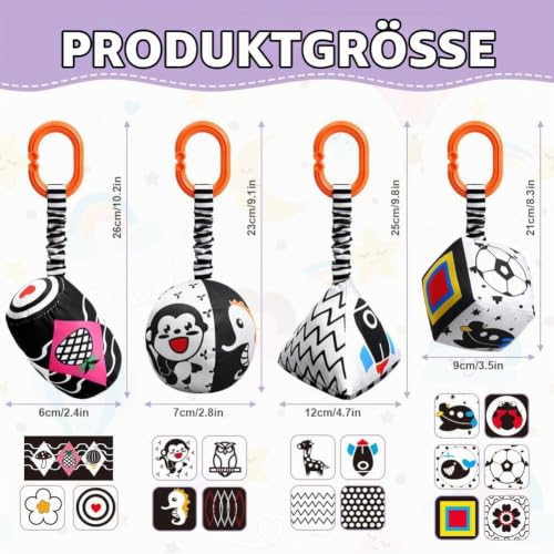 Aolso Kinderwagen Spielzeug, 4Pcs hängendes Rasselspielzeug, Kontrast Spielzeug, Sensorisches LernspielzeugBaby-Hängespielzeug… – Ansicht 2