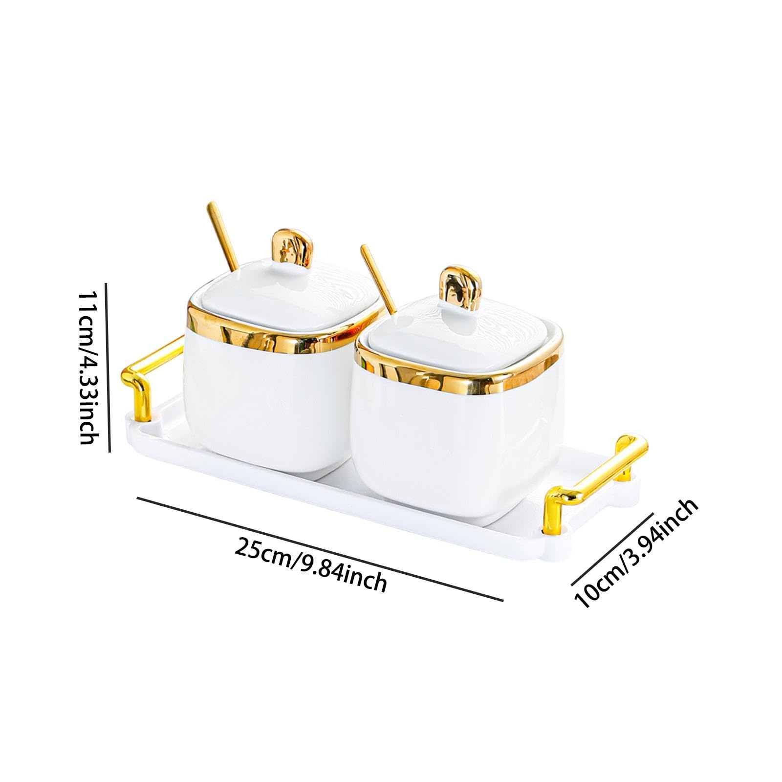 Porzellan Gewürzbehälter, Gewürzbehälter, Aufbewahrungsbox für Lebensmittel, Salz Zucker Behälter mit Löffel für Urlaub, Arbeitsplatte, Bar, Zuhause, 2 Gläser Gold