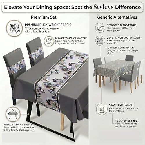 Image of Styleys Dining Chair Cover with Table Covers for Kitchen Waterproof Dining Table Cloth (1 Table Cover + 4 Chair Cover, Grey Flower, K716)