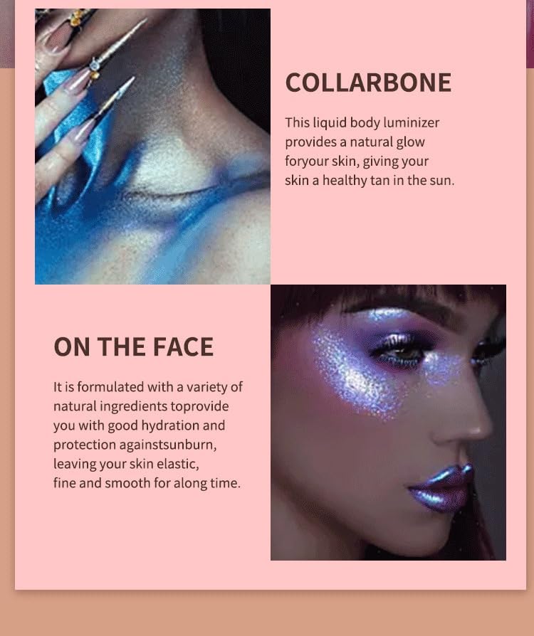 Miniatura 8 de Spray de purpurina corporal, iluminador líquido hidratante de secado rápido, no pegajoso para mujer, rostro, cabello, cuerpo brillos maquillaje