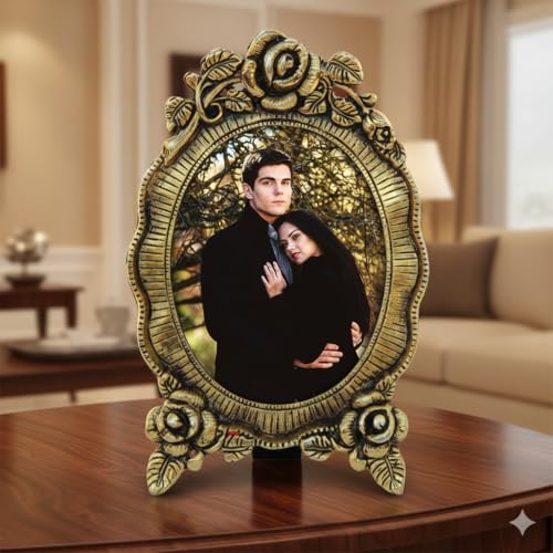 Image of Handicrafts Paradise Vintage Floral Photo Frame Antique Gold Finish Oval Picture Frame with Rose Flower Border Design for Home Decor & Office Desk - 8 Inch