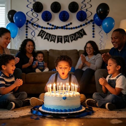 Image of Black Blue Birthday Decorations, Happy Birthday Banner with Honeycomb Balls, Circle Dot Garland and Hanging Swirl Decorations for Women Men Boys Girls (Blue Black)