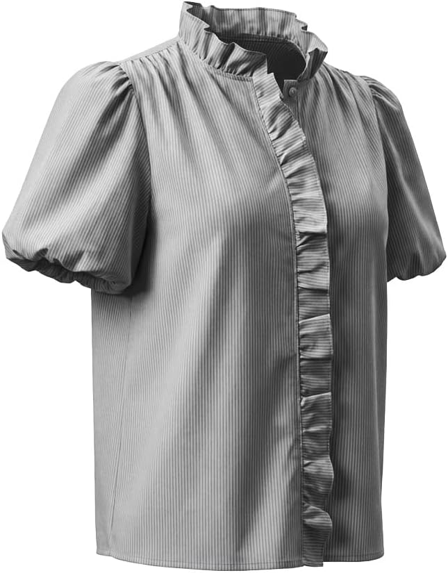 Womens Short Puff Sleeve Button Down Shirts Striped Ruffle Stand Collar Blouse Business Casual Preppy Tops - Image 3