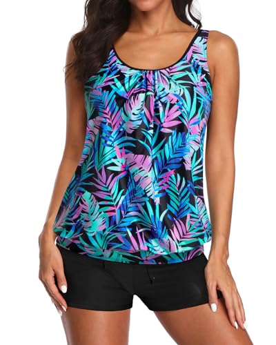 Image of Aqua Eve Two Piece Women's Tankini Swimsuits Blouson Swim Tank Top with Shorts Modest Bathing Suits