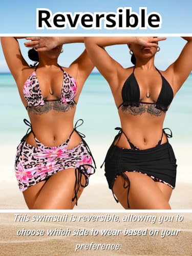 Image of ShawGobow Womens 3 Piece Leopard Bikini Set,Triangle String High Cut Thong Sexy Swimsuit & Coverup Skirt,Pool Party Outfit