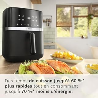 Bosch Air Fryer Série 4, MAF462B0, Friteuse sans huile, 6,1 L, 7 programmes, double chauffe, fonctions décongélation et maintien au chaud, écran tactile, cuisson jusqu’à 65% plus rapide, noir