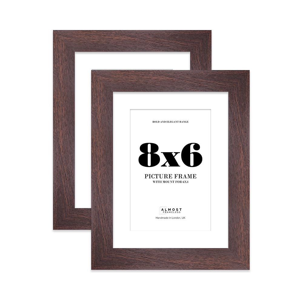 8x6" Walnut Frame With Mount for 6x4" Pictures 28mm Edge Portrait and Landscape Display with Wall Hooks and Kickstand, 2 Pack
