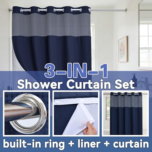 Conbo Mio Extra Long No Hook Waffle Weave Shower Curtain with Snap in Liner Set, Hotel Luxury Navy Blue Shower Curtains for Bathroom with See Through Top Window, Waterproof, Washable 71W x 84H by Conbo Mio - Image 3