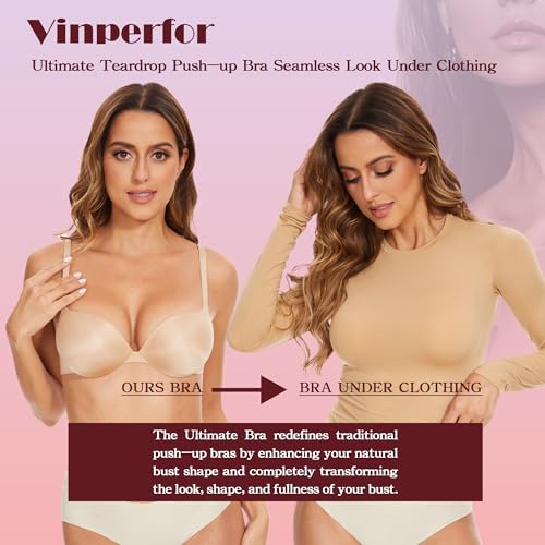 Women's Plunge Push Up Bra-Scoop Neckline Invisible Underwire Low Back-Sexy Demi Balconette T Shirt Bra for Comfort Lift3