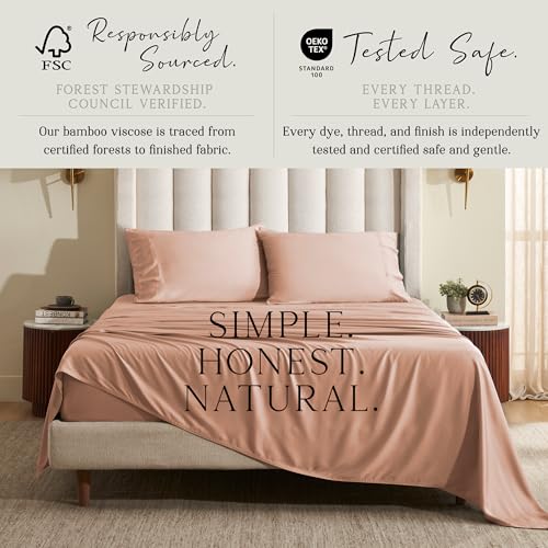 Image of KARISSA MAE Luxury Bamboo Viscose Split King Size Sheet Set, FSC Certified | Includes 2 Twin XL Fitted Sheets | Sleep Number & Adjustable Bed | Cooling | 18 inch Deep Pocket w / Corner Straps [Terracotta]