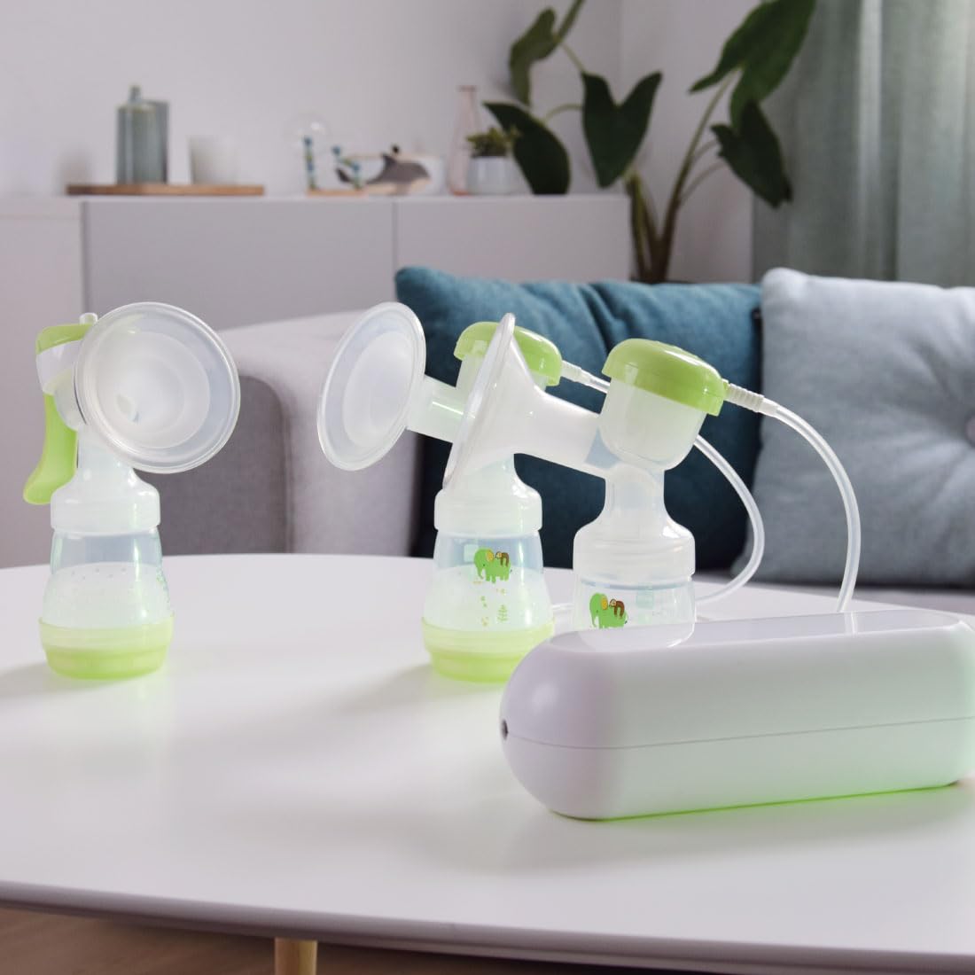 MAM 2-in-1 Double Electric and Manual Breast Pump, Contains 1 Soft Silicone Cup, 2 Easy Start Anti-Colic Bottles 160 ml with Teats Size 1, 2 Containers for Milk and Food