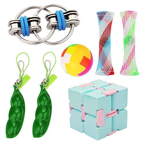 7 Pack Marble Fidget Keychain Toys Cube Toy Squeeze-a-Bean Keyring Pea Keychain Soybean Toys Gift