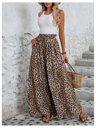 Verdusa Women's Wide Leg Dressy Pants Leopard Print Paperbag Waist Palazzo Pants with Pocket Casual Summer Outfits3