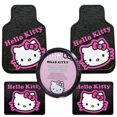 Plasticolor 008890ZA1 Hello Kitty Collage Hot Pink Sanrio Front & Rear Floor Mats and Steering Wheel Cover Set for Car Truck SUV - 5PC