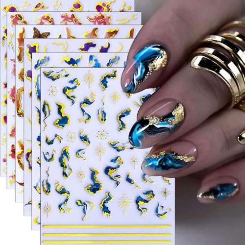 Neon Marble Wave Line Nail Stickers 3D Nail Art Stickers Marble Blue Geometric Metal Stripe Nail Decals Self-Adhesive Laser Design Sticker Sliders Nail Decoration for Women Manicure Accessories 6Pcs