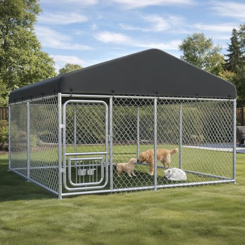 COMHOMA 1010FT Outdoor Dog Kennel with Adjustable Bowls Feeder Heavy Duty Extra-Large Dog Enclosure with Roof & Lock All Weather Resistant for Medium Large Dogs (Dark Black 10x10FT (124in)