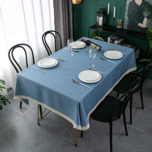 EHouseHome Faux Linen Tablecloth with Lace Trim - Waterproof/Spill Proof/Stain Resistant/Wrinkle Free/Oil Proof - for Banquet, Parties, Dinner,Wedding,Holiday,Water Blue Rectangle 60x120Inch