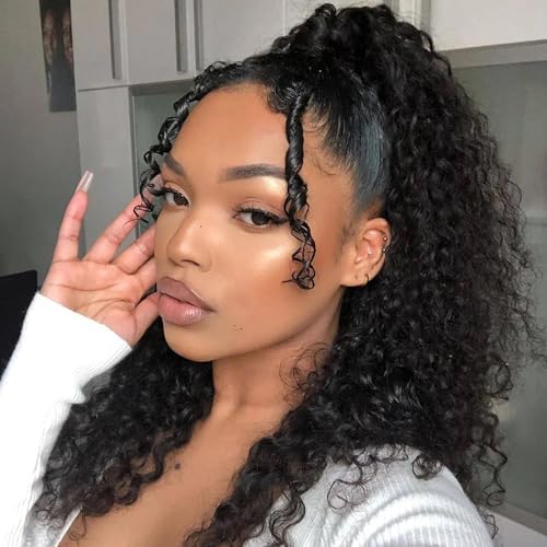 XSASLYET 14 Inch Drawstring Ponytail Extension for Black Women, Curly Long Hair Ponytail, Natural Black Pony Tails Hair Extensions with Secure Fit for Easy Daily Wear(1B)