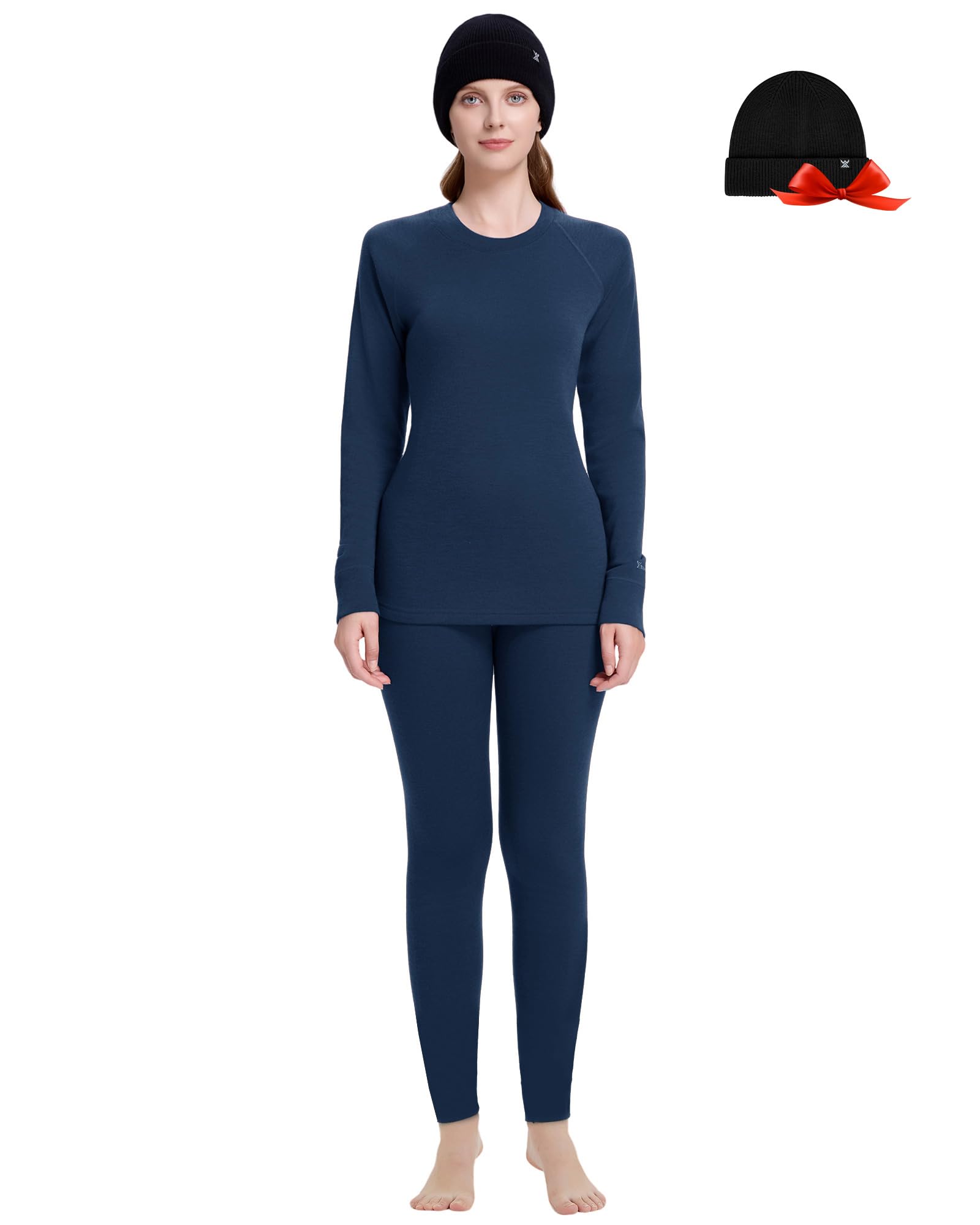 Women's 100% Merino Wool Base Layer Sets - Light and Midweight Thermal Underwear Gifts Pack with Wool Beanie-image-6