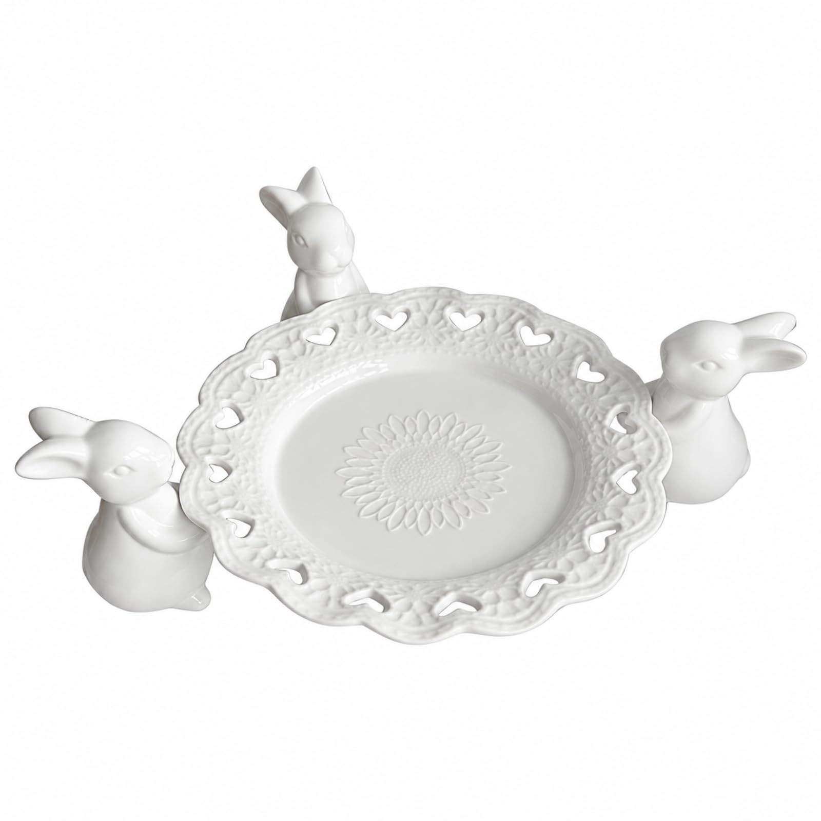 Banja Elevada con Soportes Conejo Plato con BOR Ondulado y Recortes Corazón Brillante Fuente Motivo Floral en Relieve, 3 Conejos 8IN