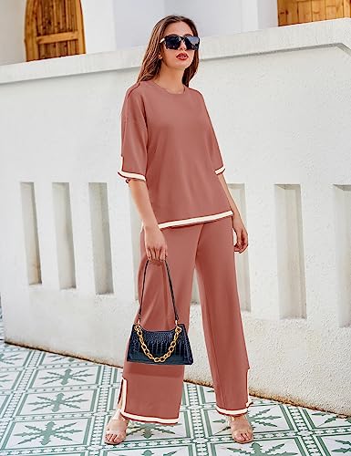 Image of Tanming Sweater Sets Women 2 Piece Lounge Sets Short Sleeve Knit Pullover Tops Wide Leg Pants
