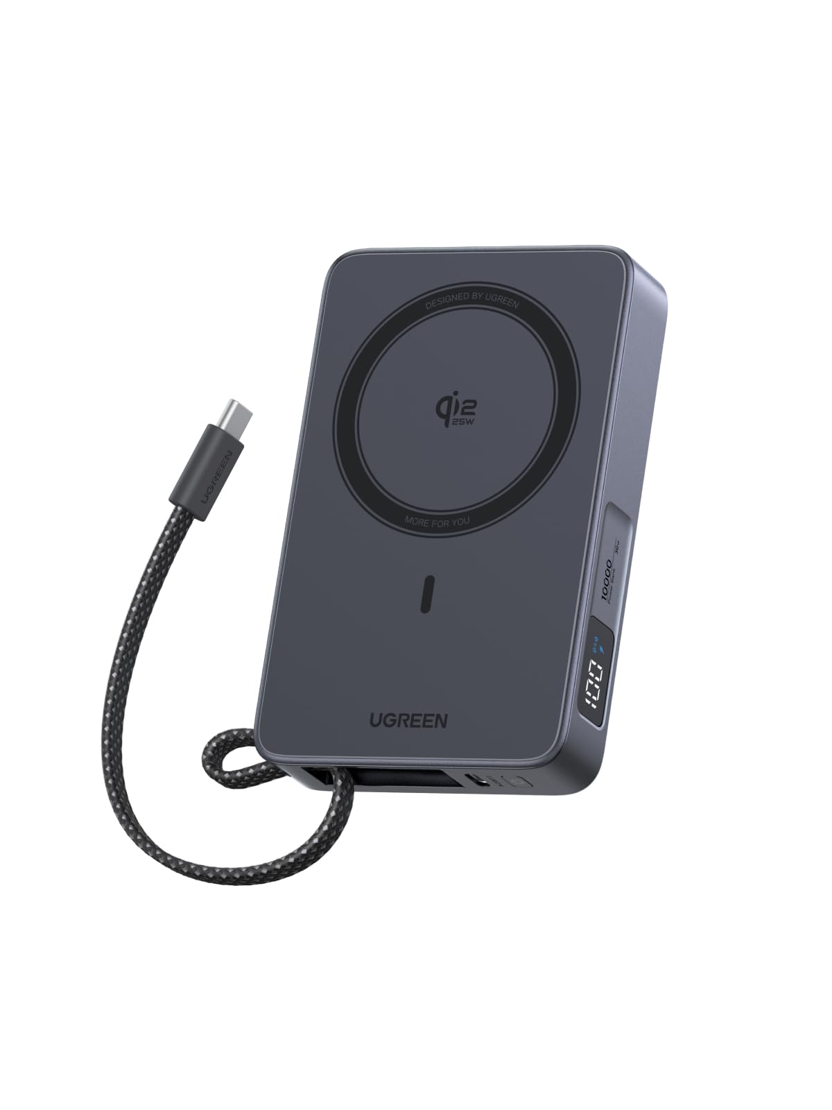 UGREEN MagFlow 10000mAh Qi2 25W Powerbank Magsafe mit USB-C 30W, (Grau) | Qi2 Zertifiziert, Integriertes Kabel, LED-Bildschirm, für iPhone 17-12, Temperaturschutz, für Reisen und den Weg zur Arbeit