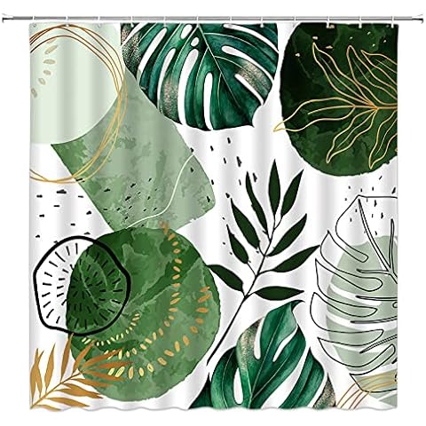 GCTNBJL Boho Abstract Shower Curtain Green Leaves Geometric Tropical Mid Century Modern Chic Watercolor Minimalist Bathroom Home Curtain with Hooks,70" Wx70 H,Green White Cover