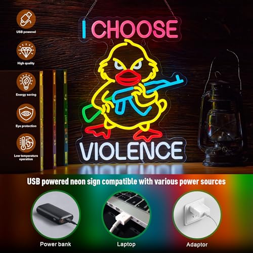 Image of I Choose Violence Duck Neon Sign Goose Gun LED Light AK 47 Decor, USB Powered Dimmable Morale Art Signs for Pub Store Man Cave Room 16.5 X 12.6 inch