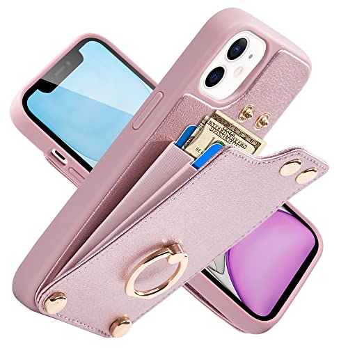 LAMEEKU Wallet Case Compatible with iPhone 11, Case with Card Holder, RFID Blocking Leather Cover 360°Rotation Ring Kickstand Protective Bumper Designed for Apple iPhone 11 6.1'' (2019) Rose Gold