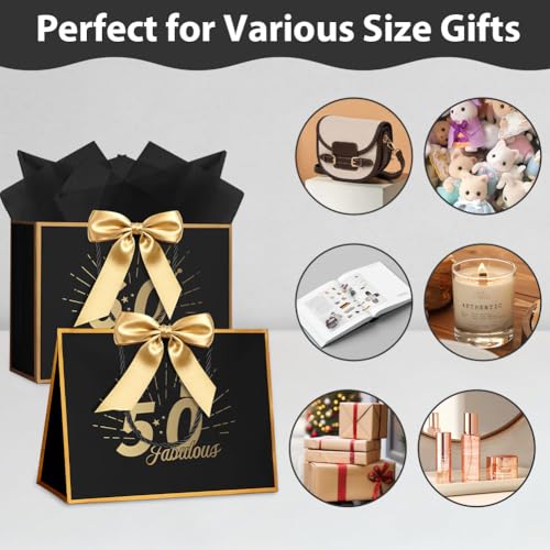 AOOSU Geschenktüte Geburtstag, Papier Geschenktüten mit Schleife + 1 Grußkarten + 3 Seidenpapier, Schwarz Geschenktaschen mit Henkel, Frauen Männer Birthday Gift Bag, Geschenkverpackung für Geschenk