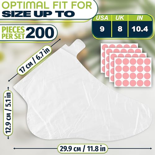 200 Pcs Plastic Foot Covers for Feet – Leak-Proof, Ribbed Anti-Slip Design with 200 Stickers for Secure Fit – Plastic Foot Bags for Moisturizing, Hydration, Home Use, Spa, Pedicure, Paraffin Wax Bags