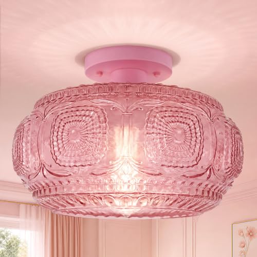 Image of Large Globe Glass Semi Flush Mount Ceiling Light Fixture, Pink