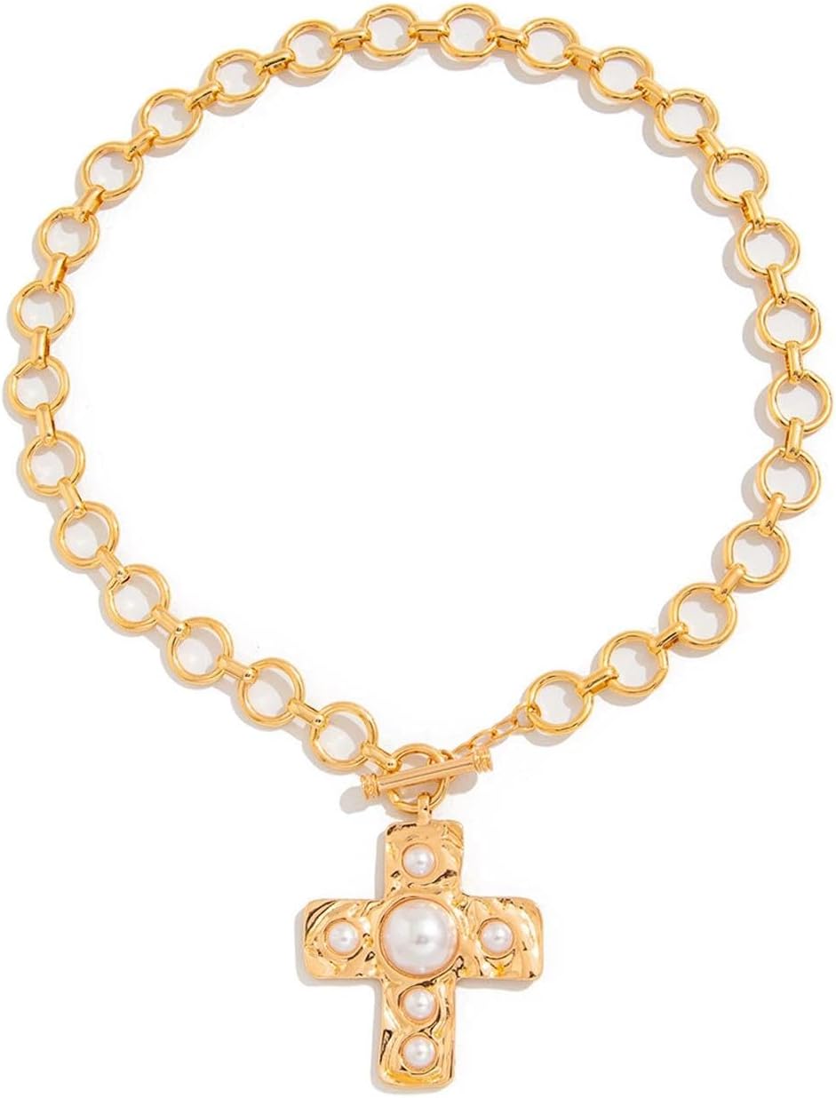 Chunky Pearl Cross Necklace for Women Gold Statement Necklace Big Crucifix Pendant Necklaces Vintage Pearl Necklaces Simple Christian Jewelry - Image 7