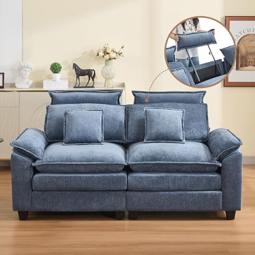 Image of 72'' Cloud Modern Loveseat Couch with Detachable Headrest, Modular Sectional Sofa Couch Deep Love Seat, Oversized 2 Seater Chenille Comfy Sofa with Armrests for Living Room, Blue