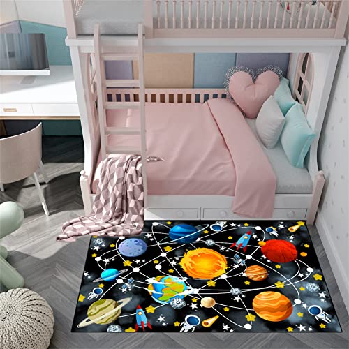 Blue Space Rugs Educational Learning Large Size Solar System Carpet Rugs Kids Rug for Bedroom Boys Space Area Rug Living Bedroom Dining Room Decor, 3'×4'
