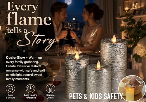 Image of Shiny Metallic Silver Flameless Pillar Candles, Patented 3D Realistic Moving Flickering Flame with Remote Timer, Battery Operated 400hrs for Wedding, Holiday, Party, Decor, Gift(Set of 3)