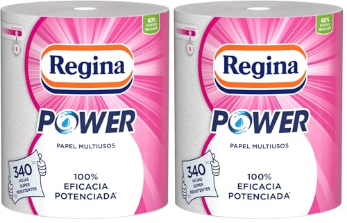 Regina Power Papel de Cocina - 1 Rollo Aún Más Largo, 340 Hojas de 2 Capas, Adecuado para Limpiar Superficies Domésticas, Embalaje Reciclable, Papel 100% Certificado FSC (Paquete de 2)