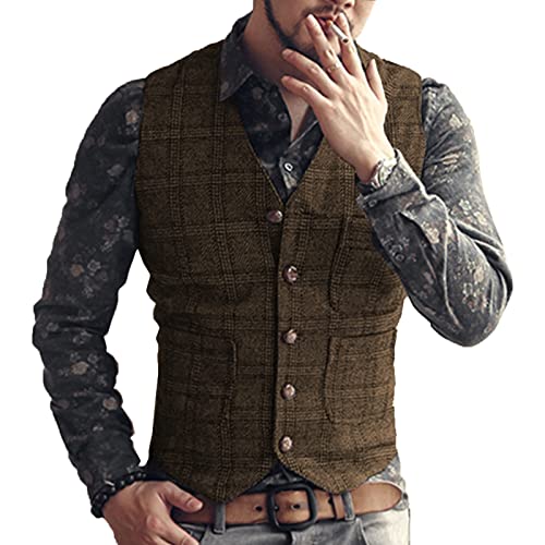 BYLUNTA Clásico chaleco de tweed para hombre, estilo vintage, cuello en V, para boda, estilo retro, de lana, tallas XS-3XL, café, S Cover