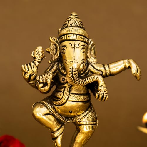 Image of Ekhasa 100% Pure Brass Ganesha Idol (Size: 10.5 cm) | Pital Ganesh Murti for Pooja Room, Home Decor, Office Desk and Car Dashboard | Vinayagar Statue for Diwali Puja