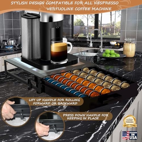Coffee Pod Rolling Drawer Organizer with Crystal Clear Tempered Glass Topboard, Compatible for 75 Small or 50 Big Nespresso Vertuo Pods