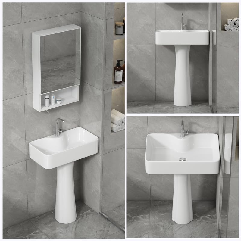 Fregadero de baño independiente moderno con grifo y kit de drenaje, lavabo compacto de pie para el hogar, diseño que ahorra espacio, elegante accesorio de baño pequeño