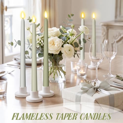 Image of Macarrie 24 Packs Flameless Taper Candles Battery LED 11 inch,Sage Green | Fake Candlelight Flameless Candlesticks Flickering Tapered for Weddings, Parties, Decor, Summer Fall Event