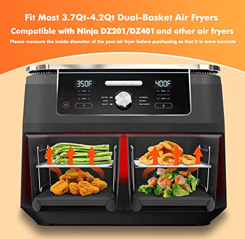 This is a picture of a product for sale called Dual Basket Air Fryer Accessories,  Set of 10 Fit for Ninja Dual Air Fryer DZ201,  DZ401 & Most 8 Quart - 10 Quart and Larger Dual Zone Air Fryer,  Include Cake Pizza Pan,  Rack & Skewer,  Paper Liner,  etc